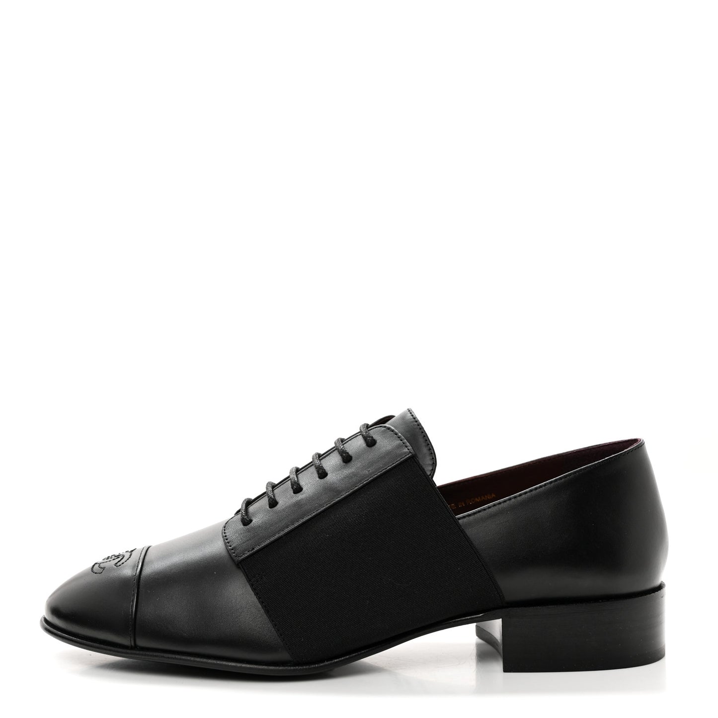 Calfskin Elastic Lace Up Cap Toe CC Loafers 38 Black