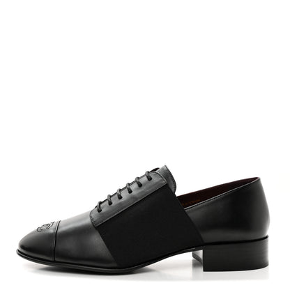 Chanel Calfskin Elastic Lace Up Cap Toe CC Loafers 38 Black 1 of 8