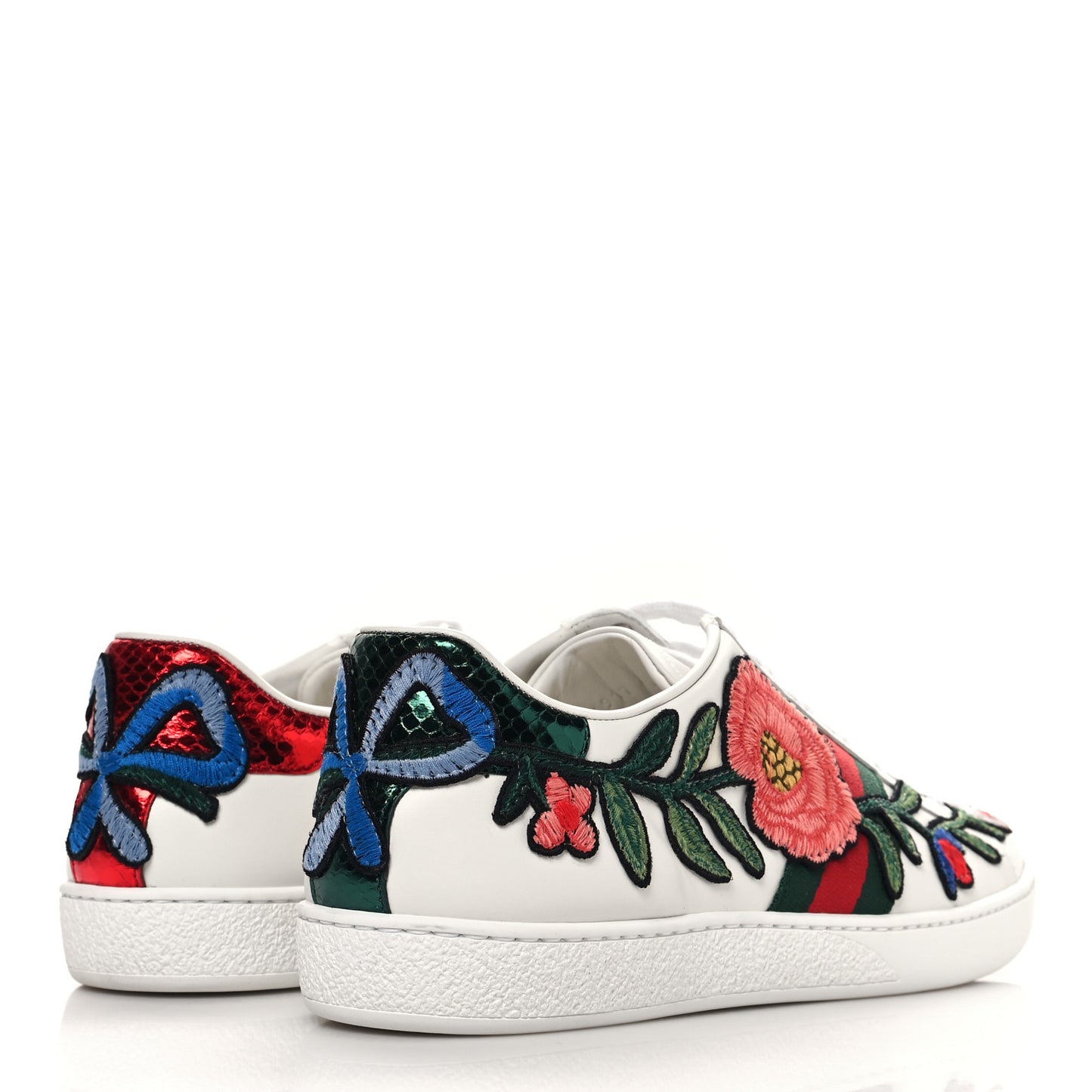 Calfskin Web Floral Embroidered Womens Ace Sneakers 40 White