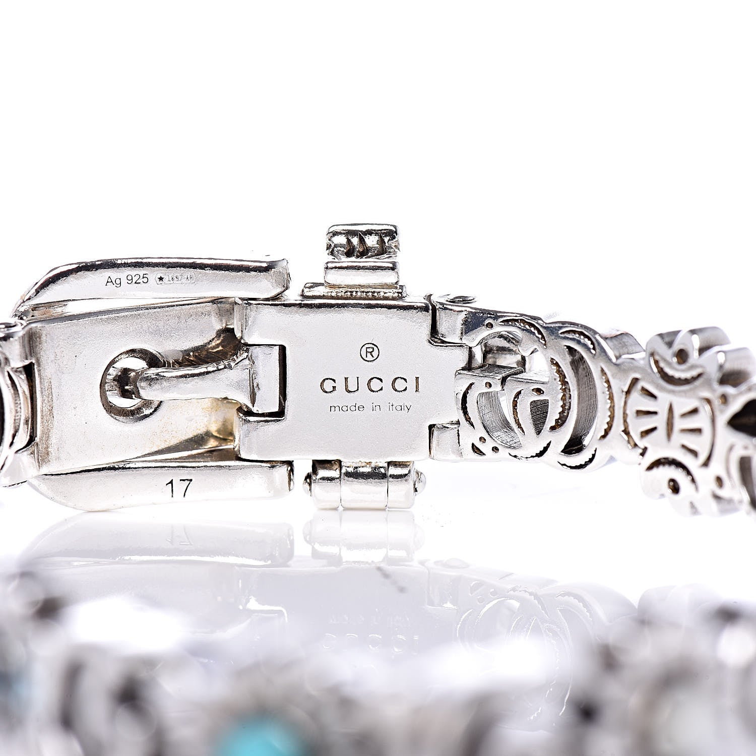 Gucci Sterling Silver Blue Topaz Mother of Pearl Turquoise Resin Double G Flower Bracelet 4 of 4