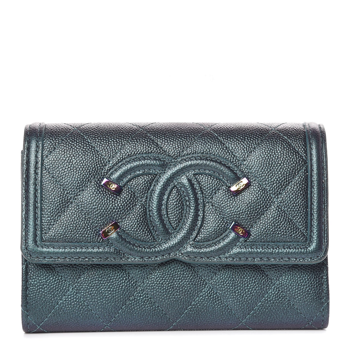 Iridescent Caviar Quilted Medium Filigree Flap Wallet Dark Turquoise