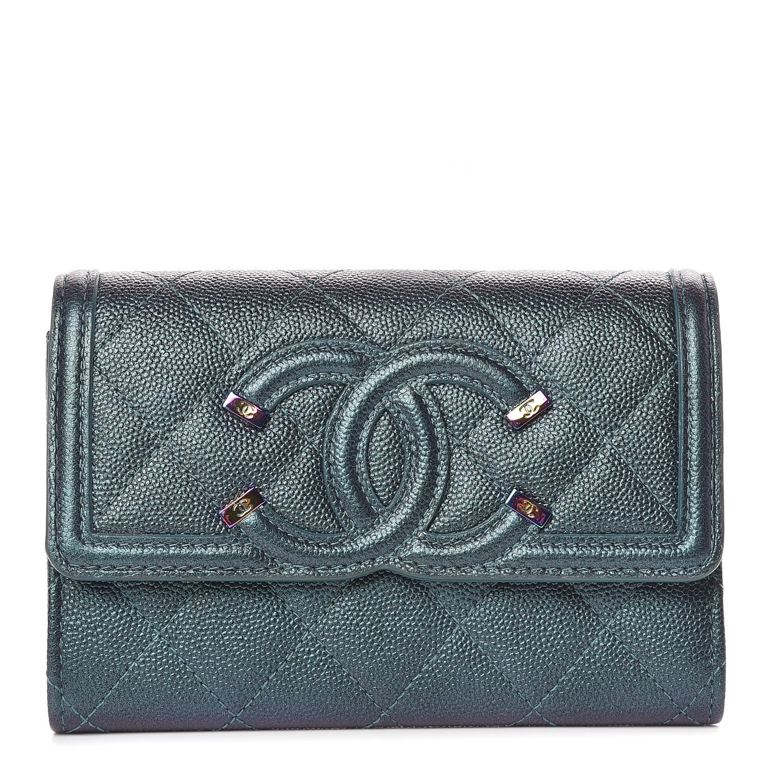Chanel Iridescent Caviar Quilted Medium Filigree Flap Wallet Dark Turquoise 1 of 12