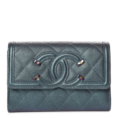 Chanel Iridescent Caviar Quilted Medium Filigree Flap Wallet Dark Turquoise 1 of 12