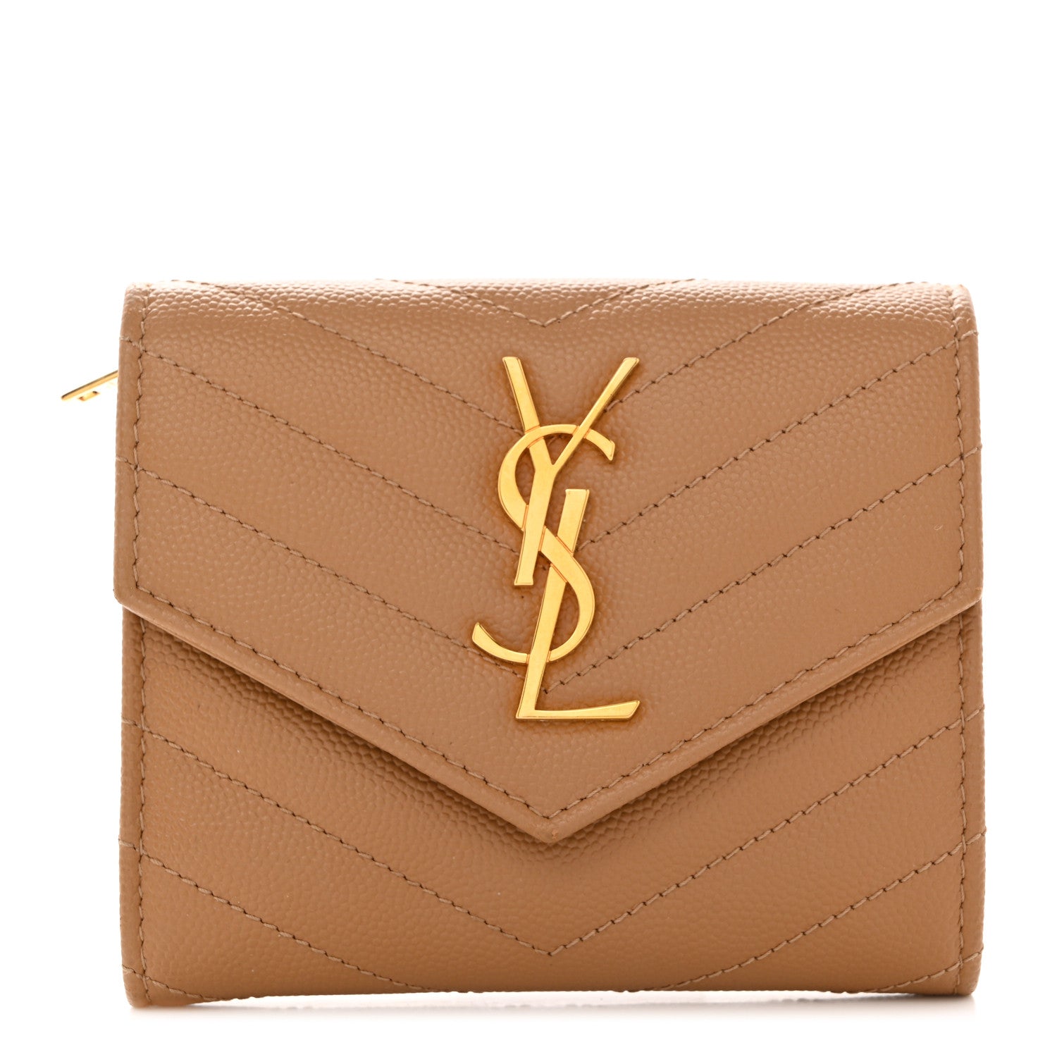 Saint Laurent Grain De Poudre Matelasse Chevron Monogram Compact Tri Fold Wallet Natural Dark 1 of 7