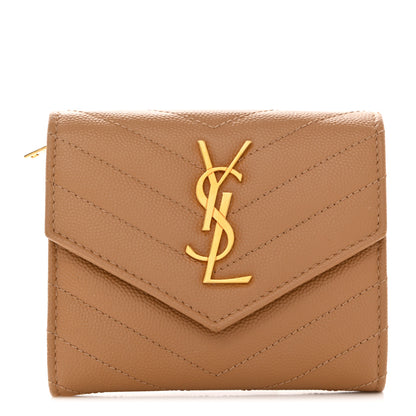Saint Laurent Grain De Poudre Matelasse Chevron Monogram Compact Tri Fold Wallet Natural Dark 1 of 7