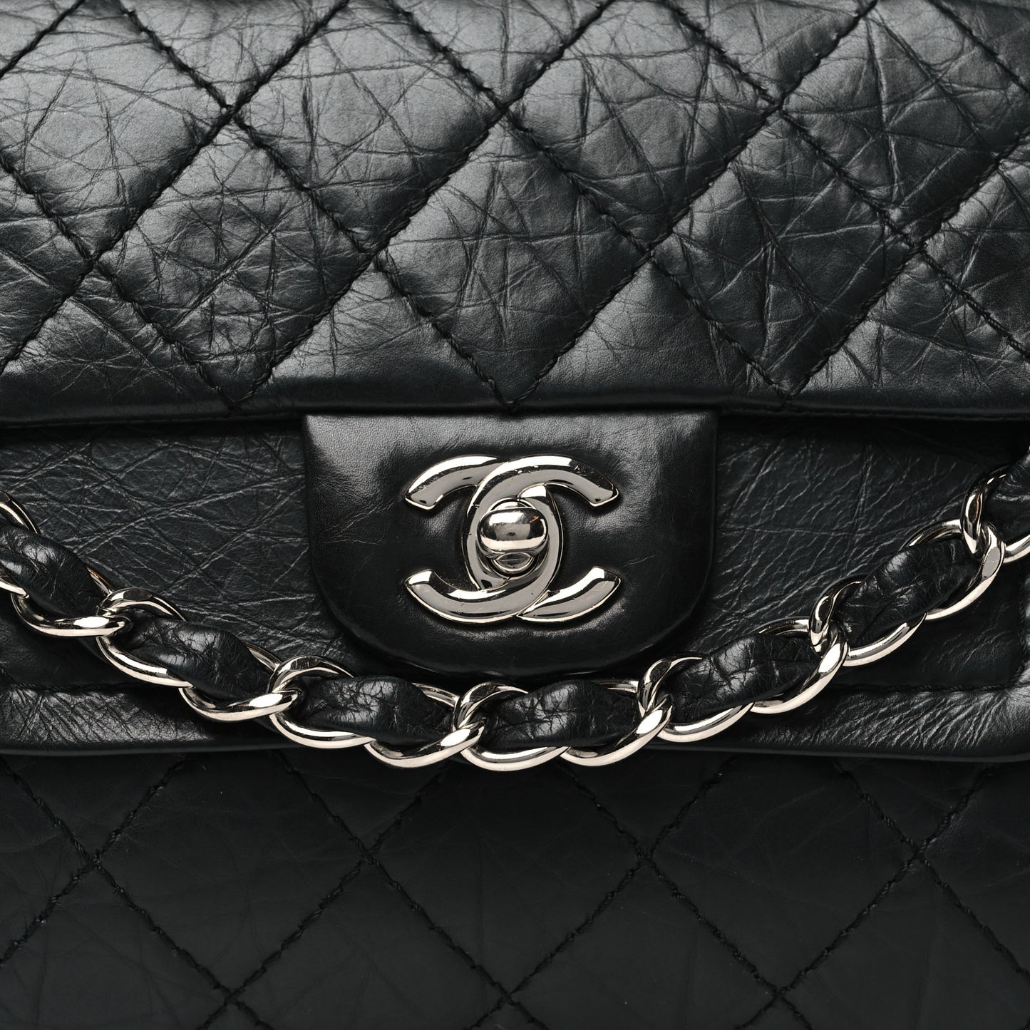 Aged Calfskin Quilted Accordion Double Flap Black