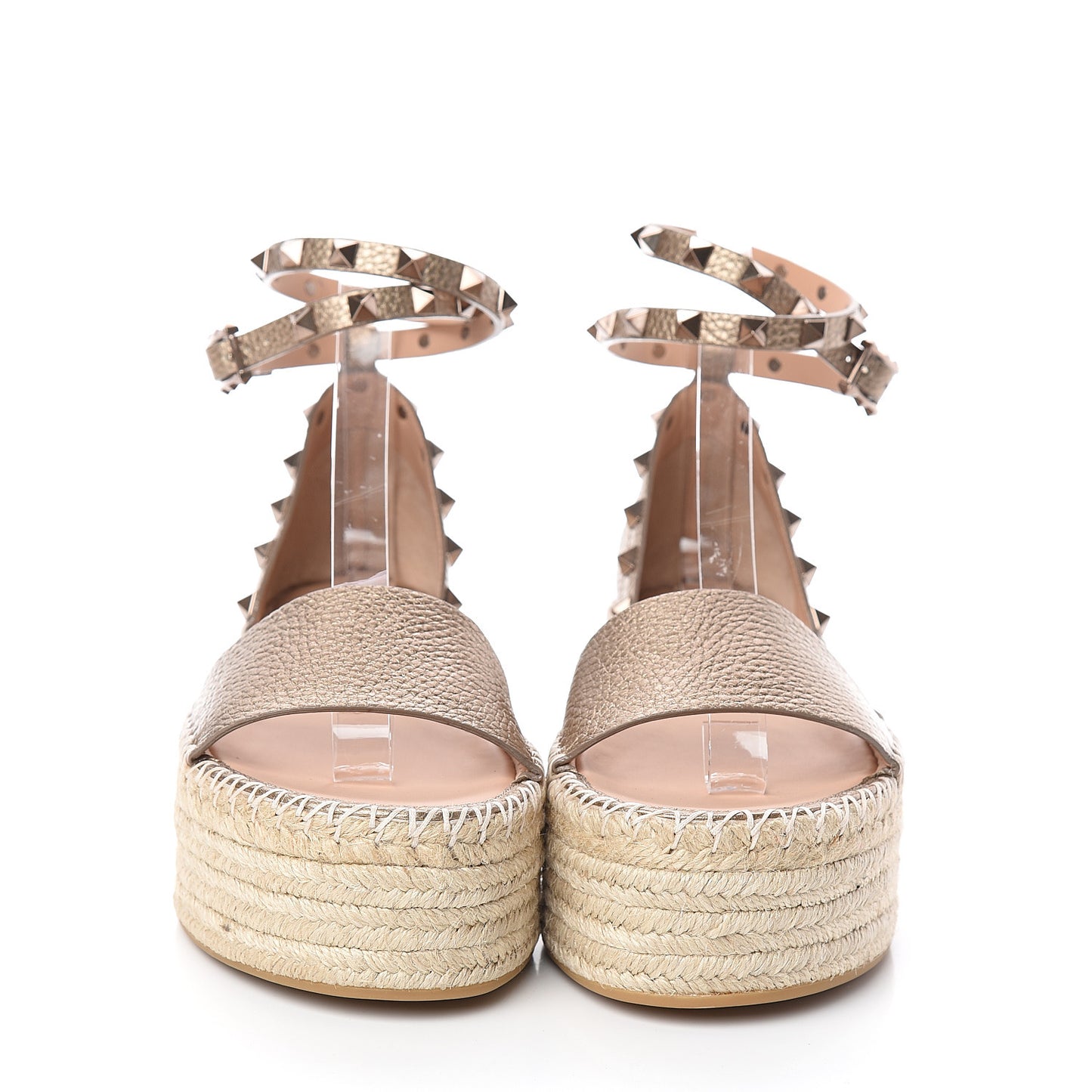Metallic Grained Calfskin Rockstud Ankle Wrap Espadrille Flatform Sandals 36 Skin Natural