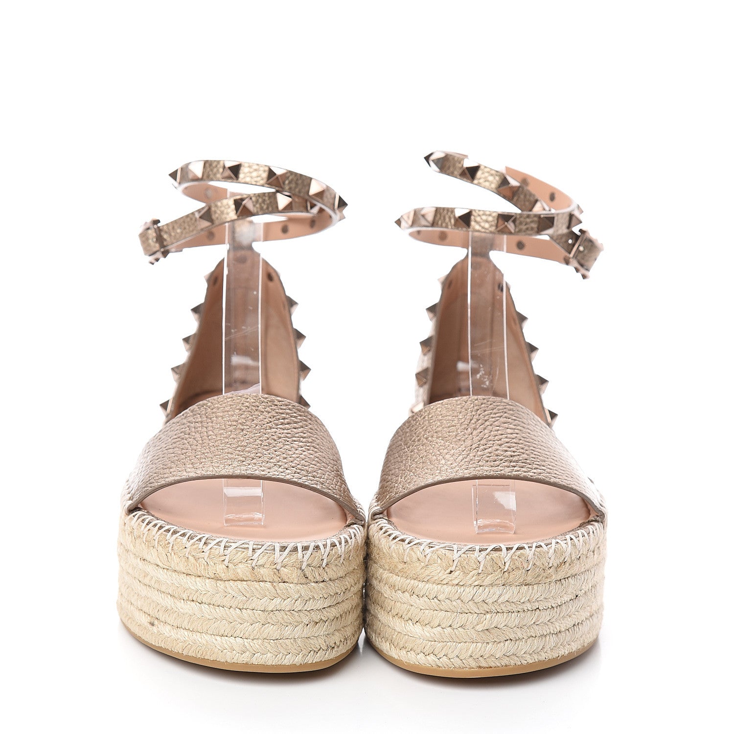 Valentino Garavani Metallic Grained Calfskin Rockstud Ankle Wrap Espadrille Flatform Sandals 36 Skin Natural 2 of 9