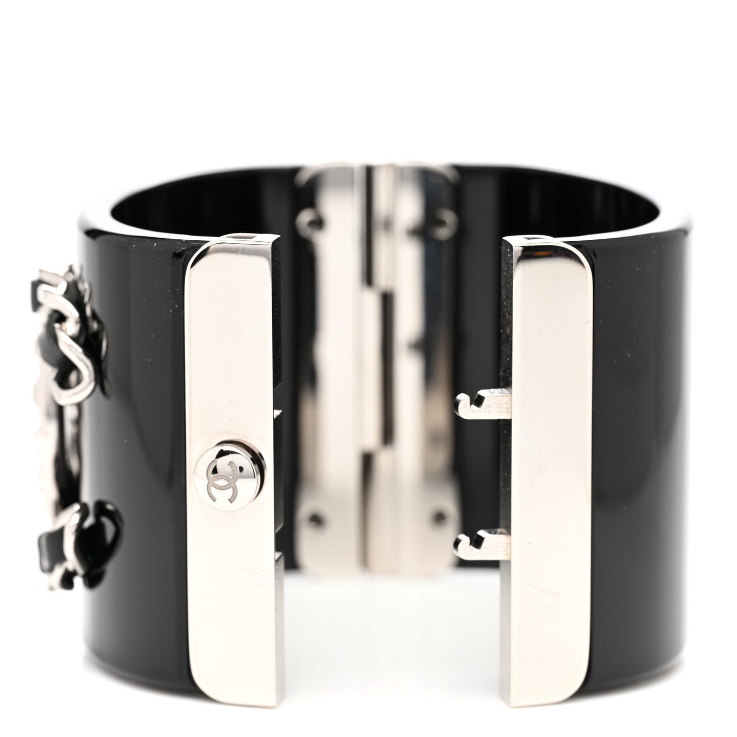 Resin Lambskin Baguette Crystal CC Chain Cuff Bracelet S Black