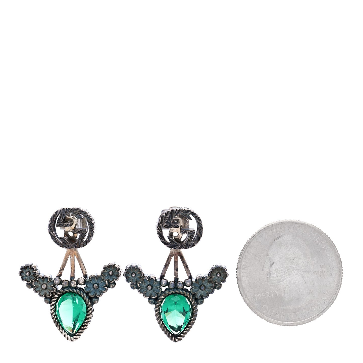 Sterling Silver Crystal Garden Interlocking G Flower Earrings Green