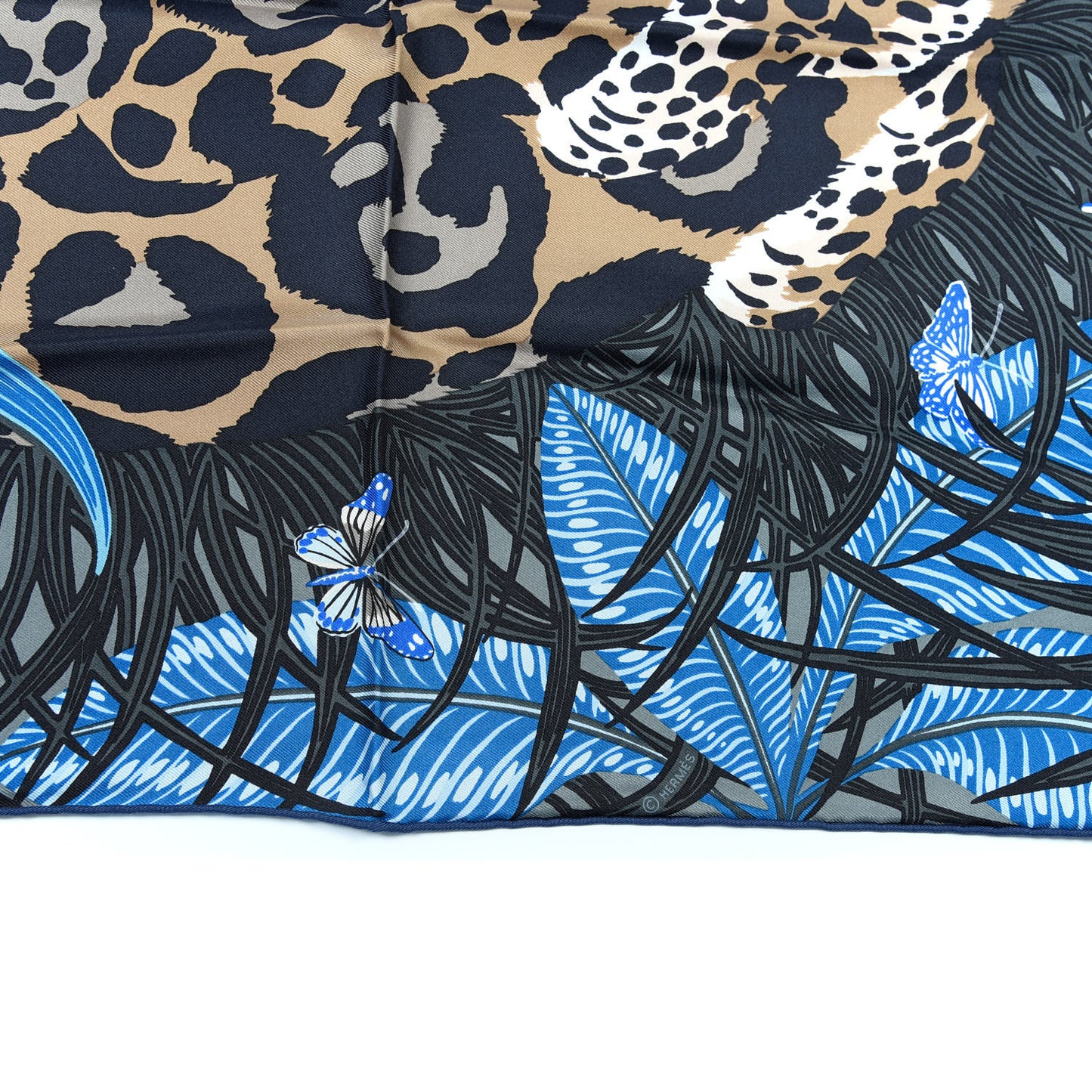 Silk Jaguar Quetzal Scarf 90 Bleu Jean Camel Marine