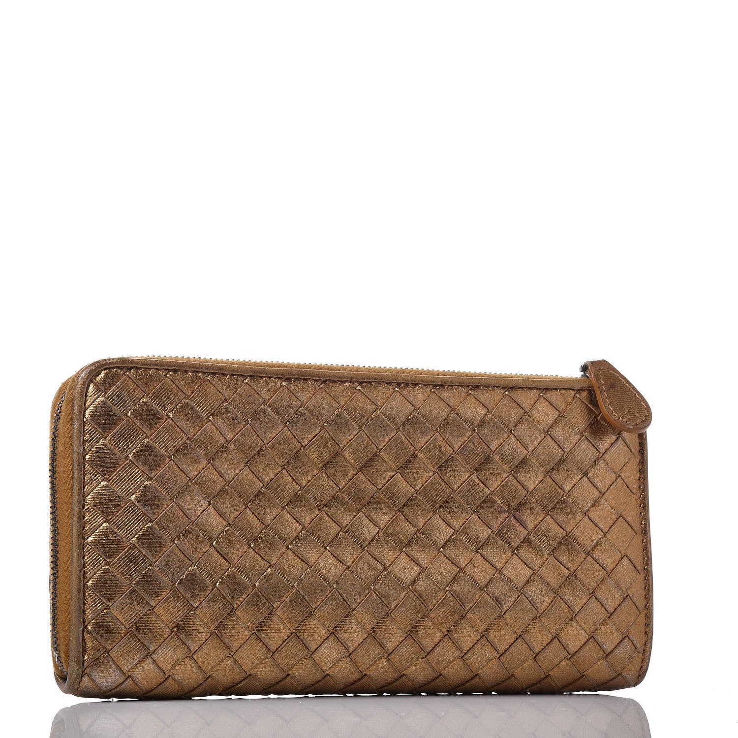Bottega Veneta Metallic Grosgrain Intrecciato Zip Around Wallet Dark Gold 3 of 11