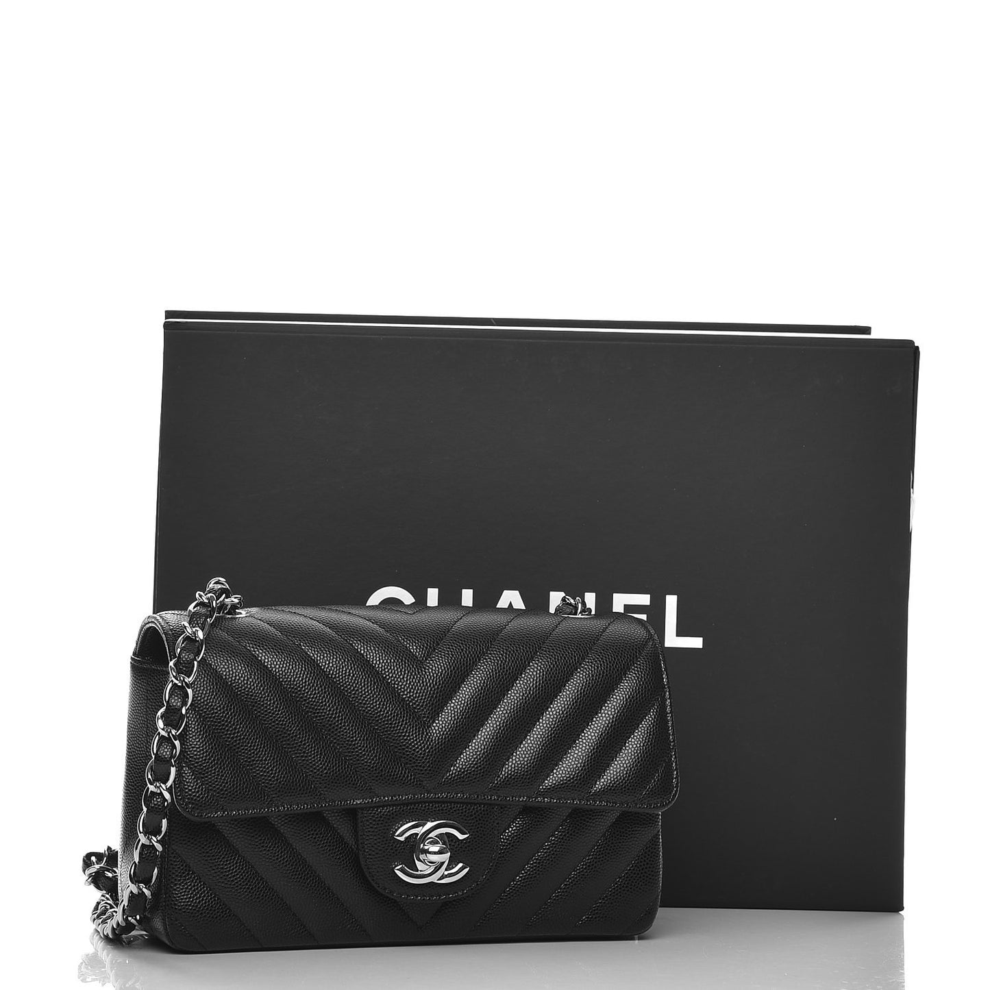 Caviar Chevron Quilted Mini Rectangular Flap Black