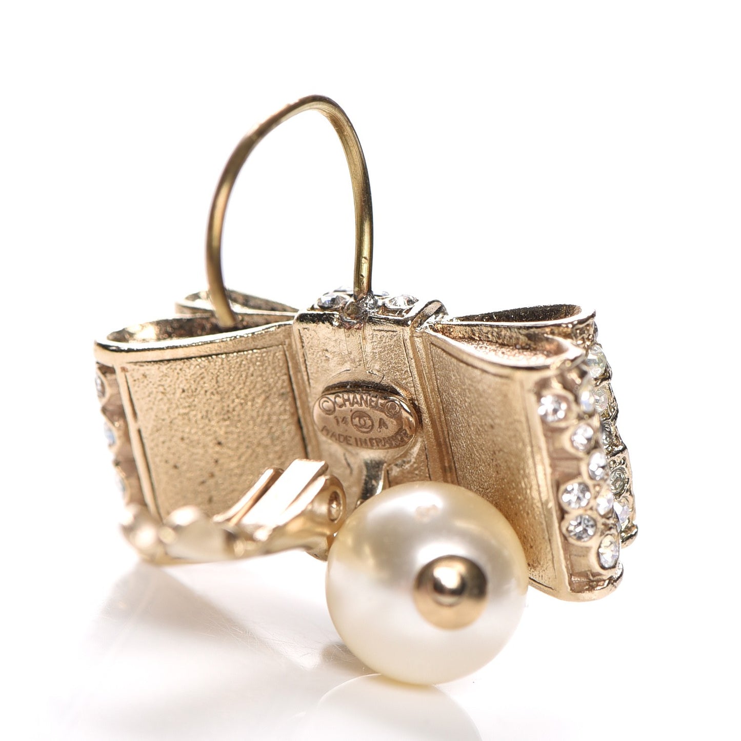 Crystal Bow Pearl Earrings Gold
