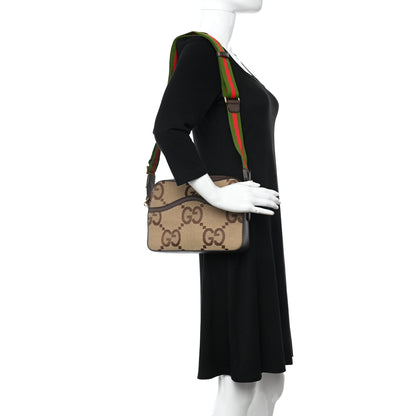 Gucci Monogram Jumbo GG Textured Dollar Calfskin Web Messenger Shoulder Bag Camel Ebony New Acero 2 of 10