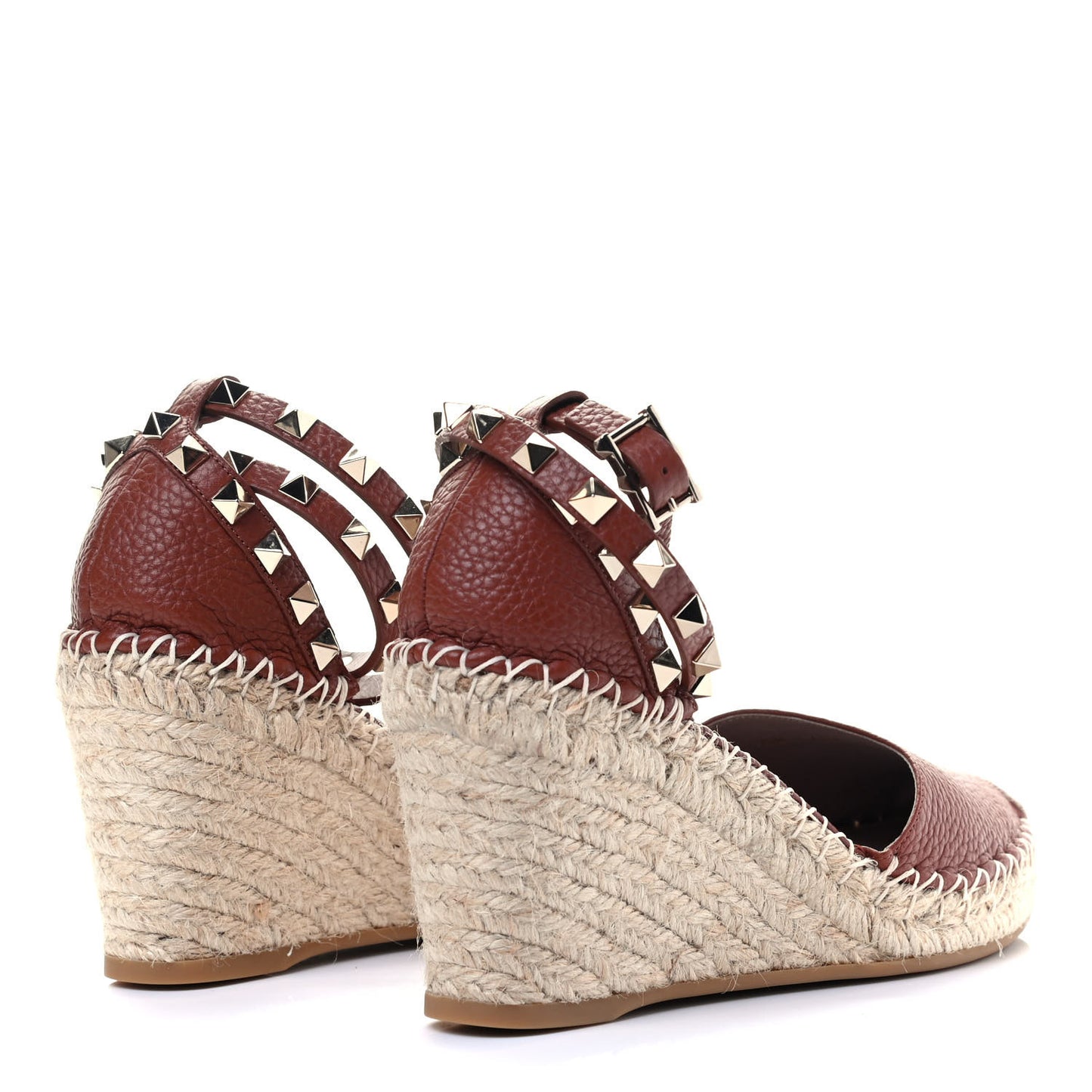 Grained Calfskin Rockstud Ankle Wrap Espadrille 15/85mm Wedges 35 Cuoio