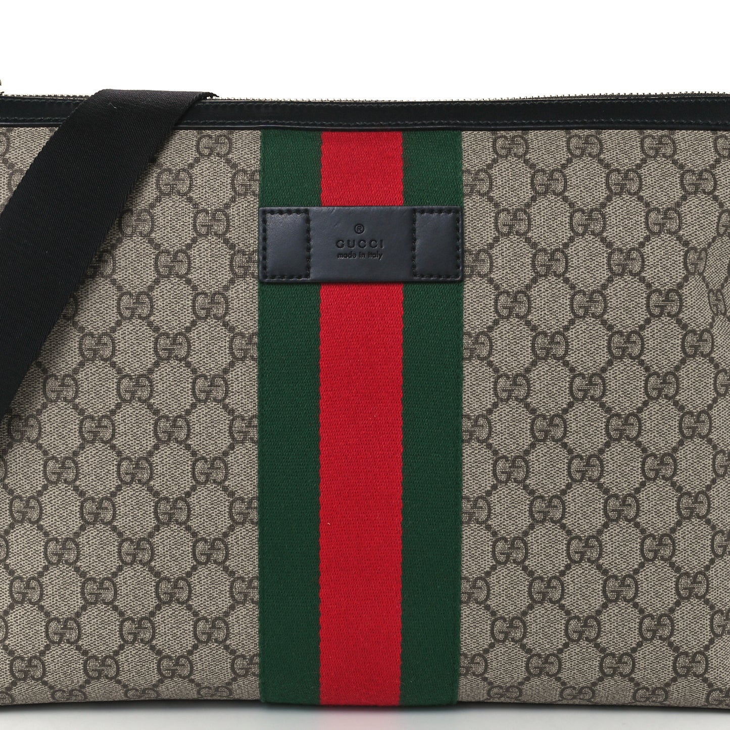 GG Supreme Monogram Calfskin Web Medium Flat Messenger Bag Beige Ebony Black