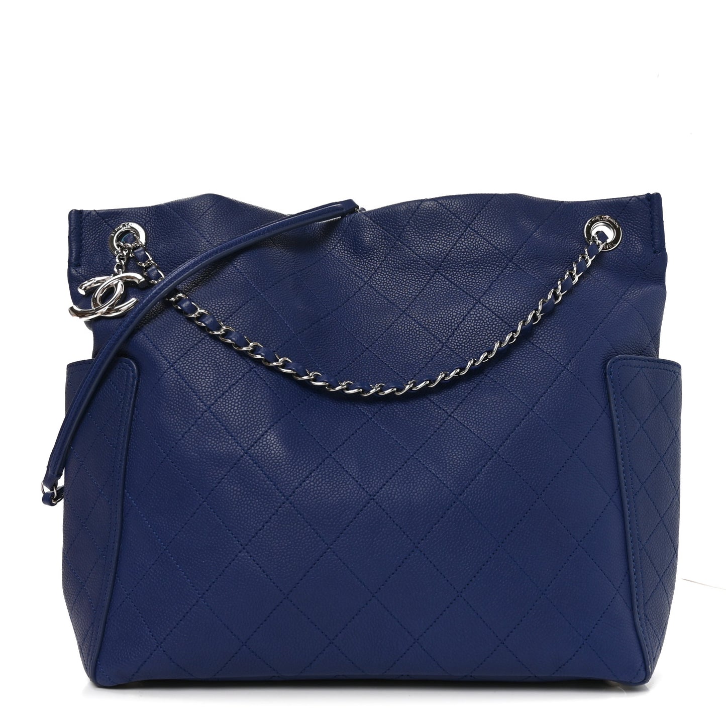 Grained Calfskin Stitched CC Pocket Tote Navy Blue