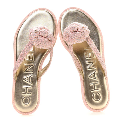 Chanel Tweed Camellia Thong Sandals 38 Salmon Apricot Gold 2 of 9