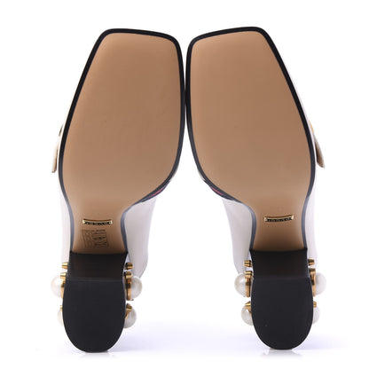 Gucci Betis Glamour Calfskin Web Pearl Embellished Peyton 75mm Loafer Pumps 38 Mystic White 6 of 9