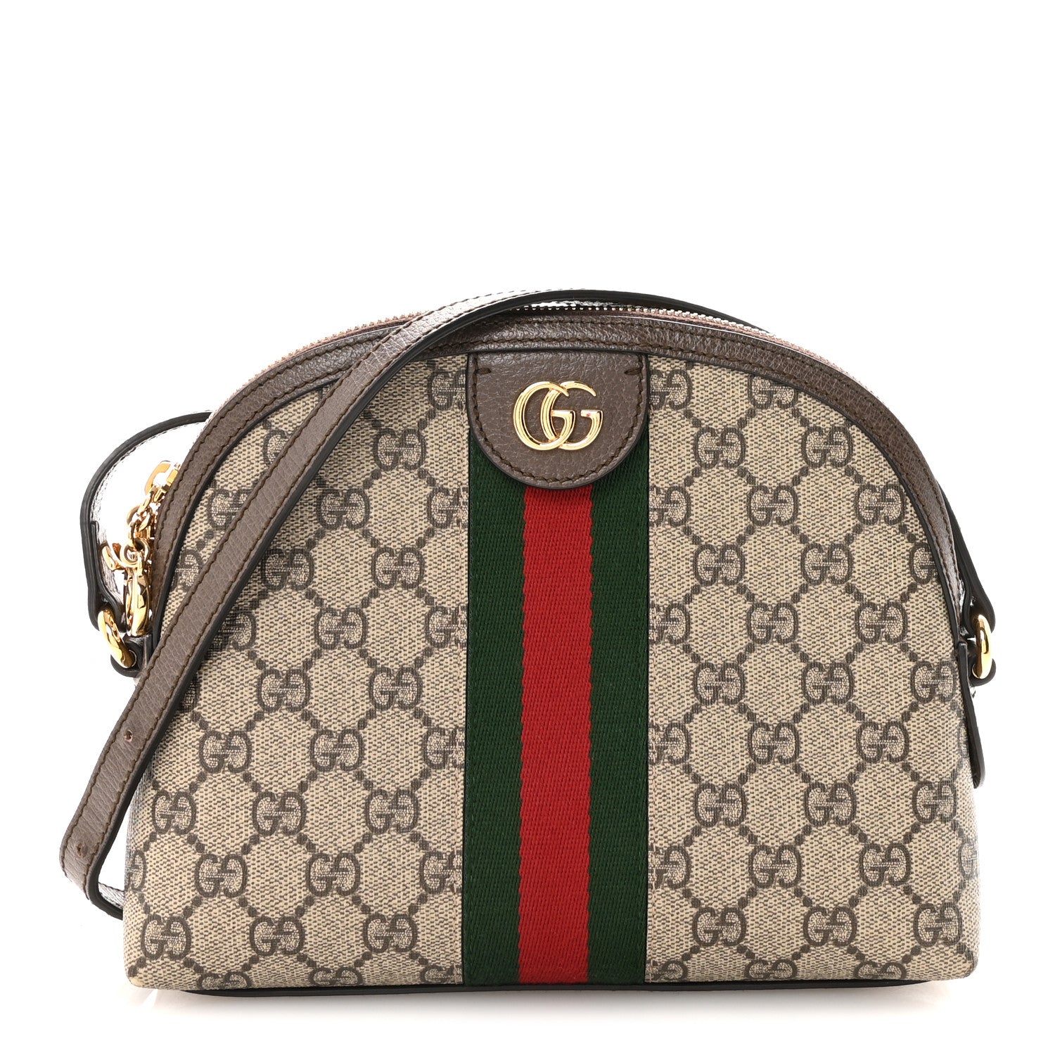 Gucci GG Supreme Monogram Textured Dollar Calfskin Web Small Ophidia Dome Shoulder Bag Beige Ebony New Acero Brown 1 of 10