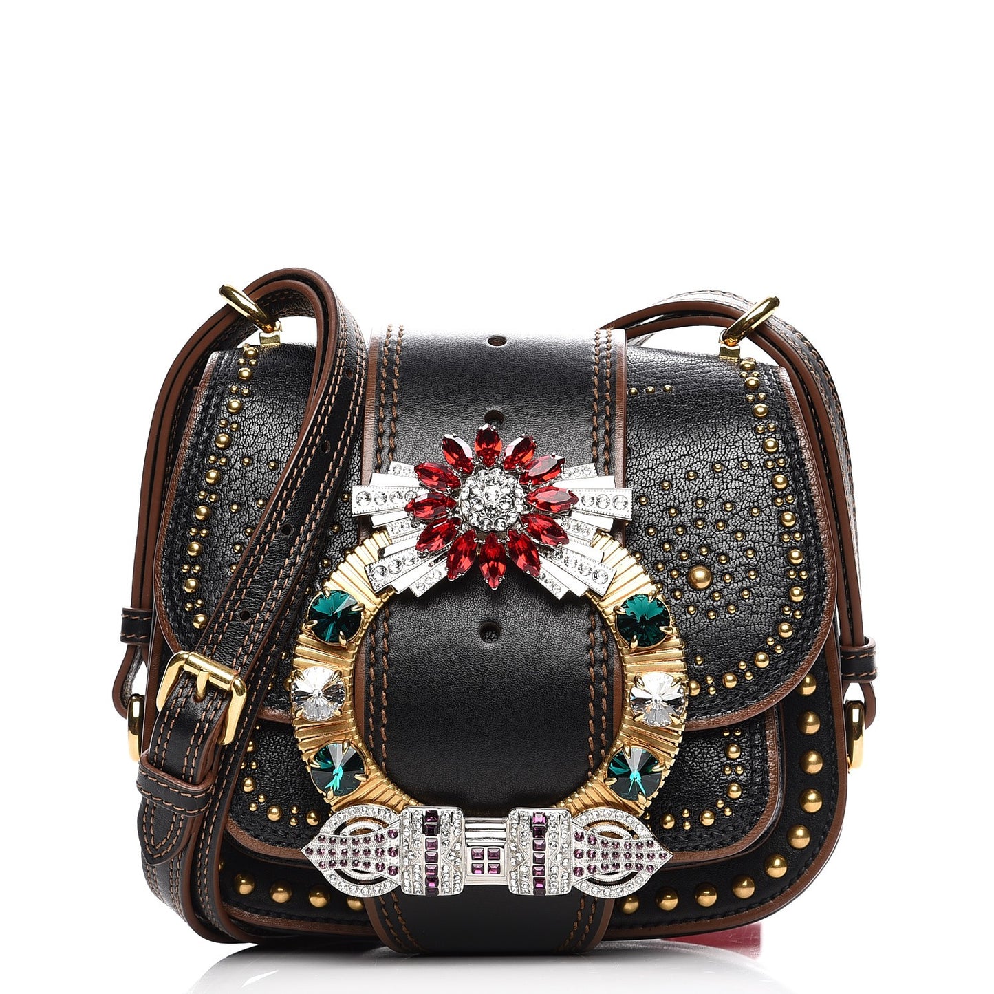 Studded Goatskin Jewel Buckle Dahlia Shoulder Bag Nero Black