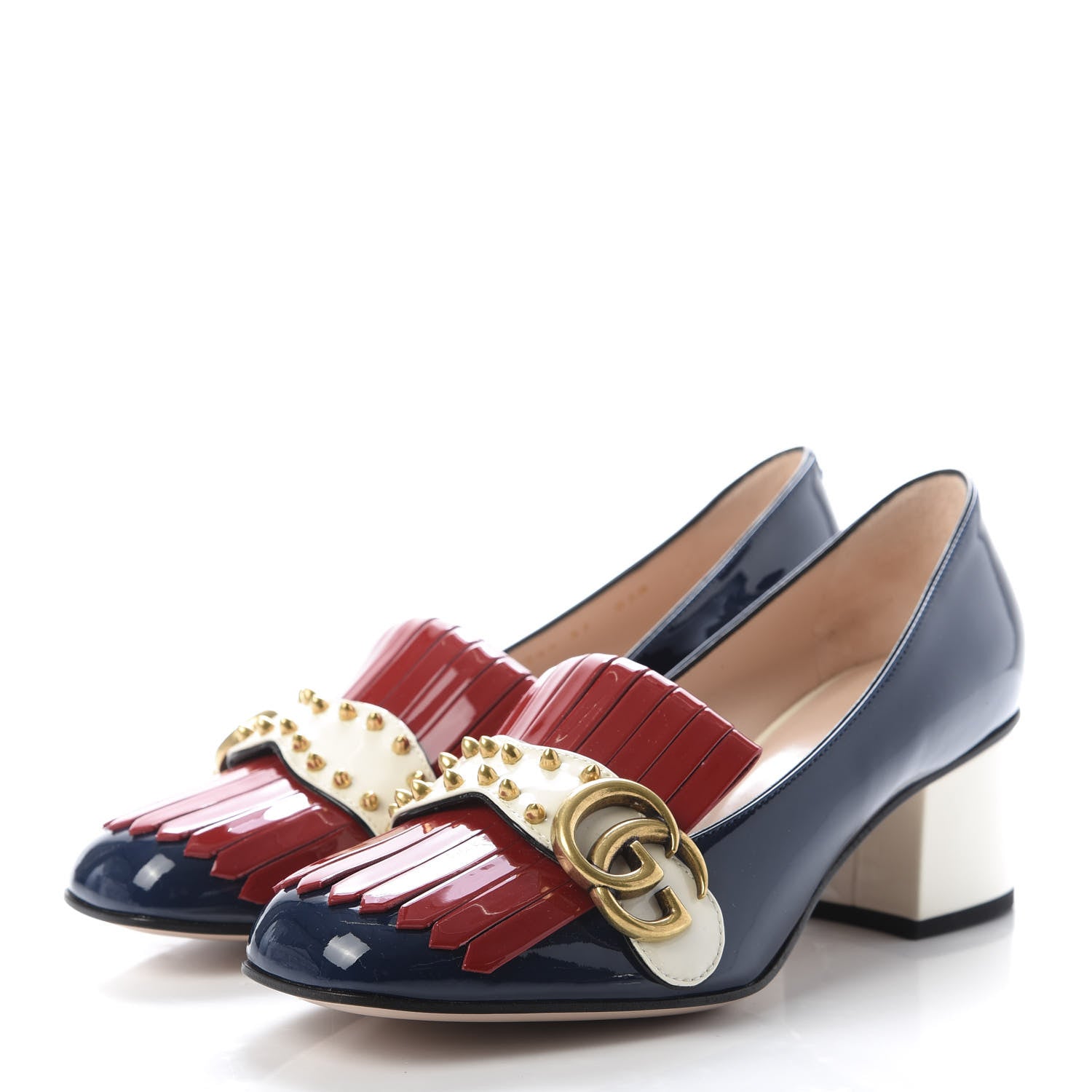 Gucci Vernice Studded GG Marmont Fringe 50mm Loafer Pumps 37 Blue Agata Hibiscus Red Mystic White 3 of 10