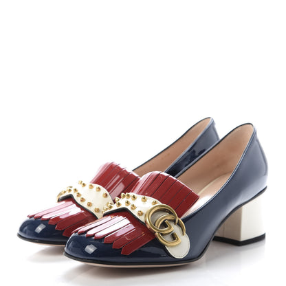 Gucci Vernice Studded GG Marmont Fringe 50mm Loafer Pumps 37 Blue Agata Hibiscus Red Mystic White 3 of 10