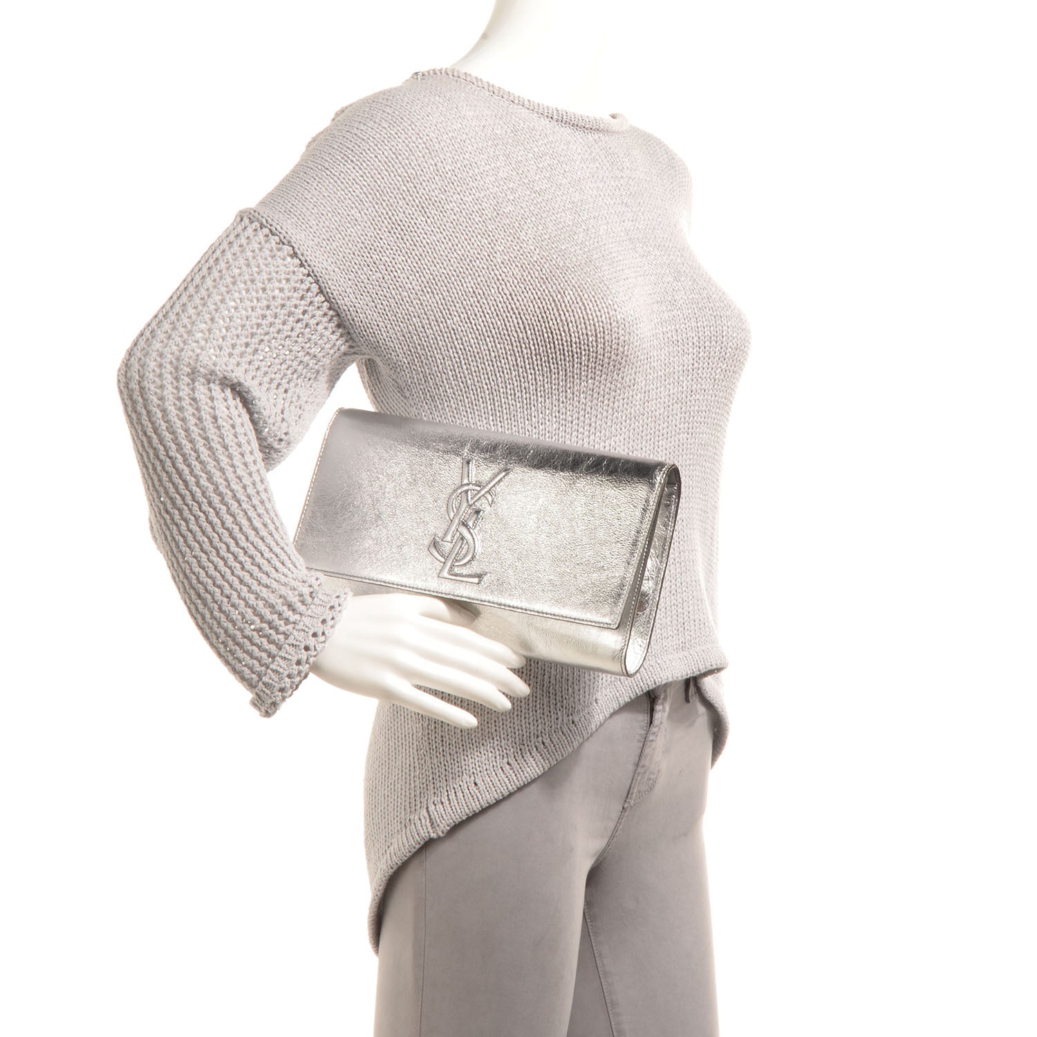 Saint Laurent Leather Large Belle De Jour Clutch Silver 2 of 7