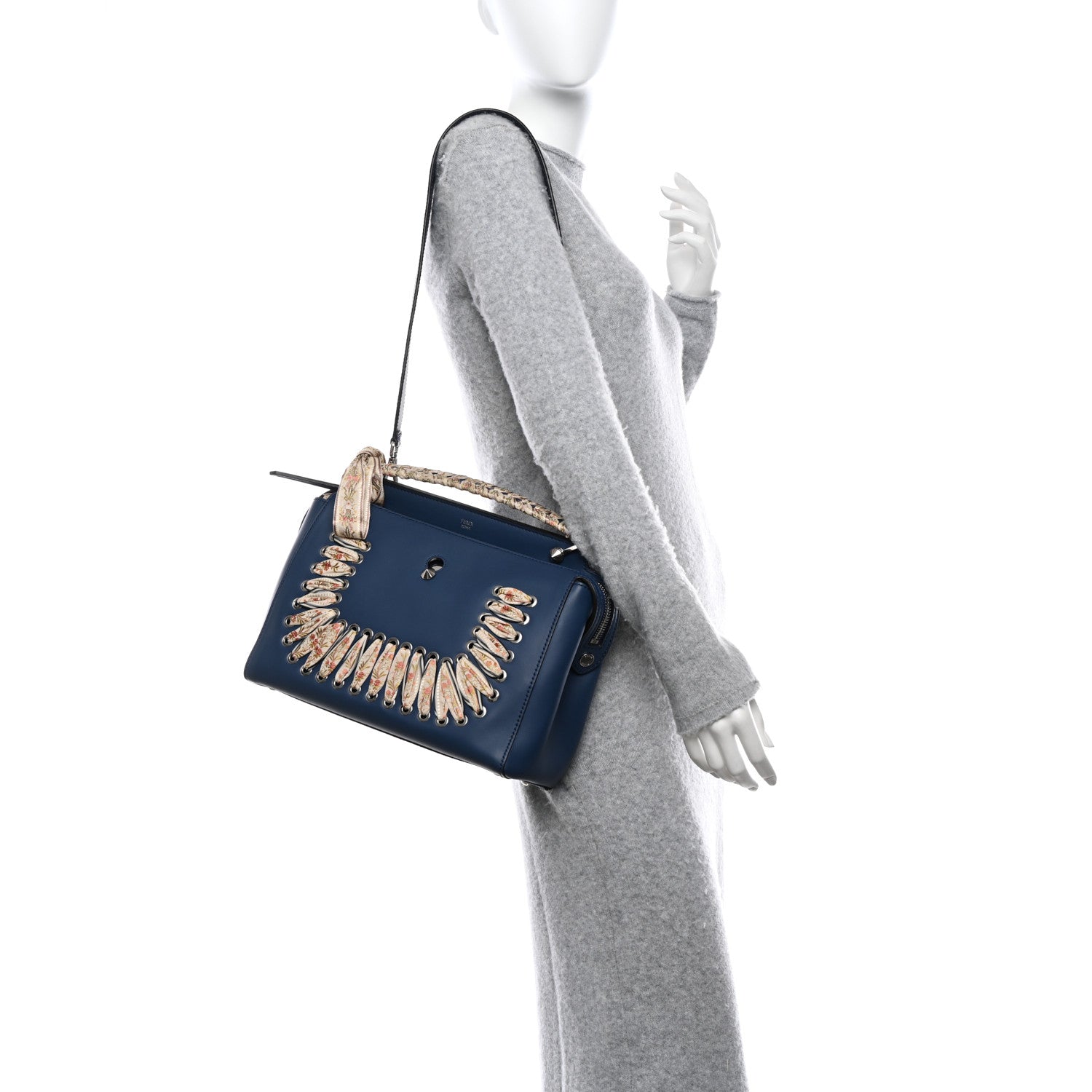 Fendi Vitello Baltico Ribbon Lace Up Floral DotCom Click Chain Satchel Blue Multicolor 2 of 11