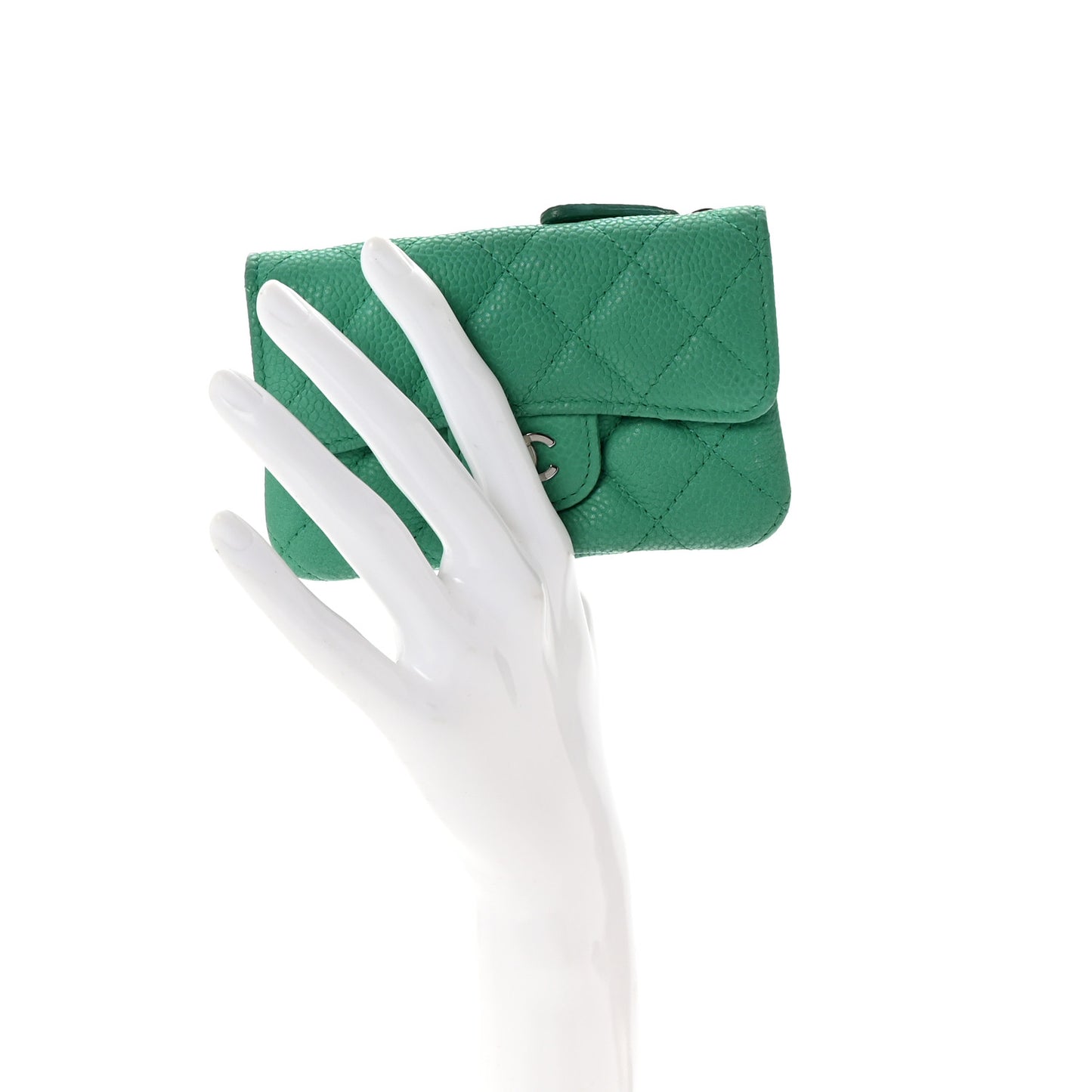 Iridescent Caviar Quilted Flap Zip Card Holder Green