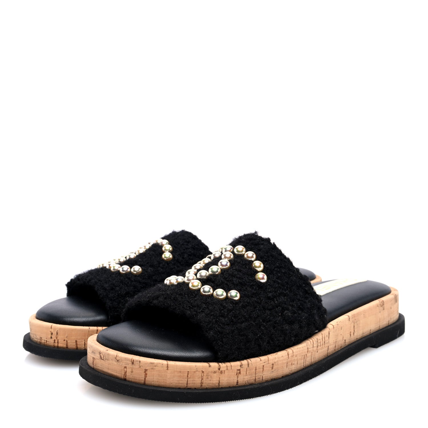 Chanel Fabric Pearl Cork CC Slip On Sandals 40 Black 3 of 7
