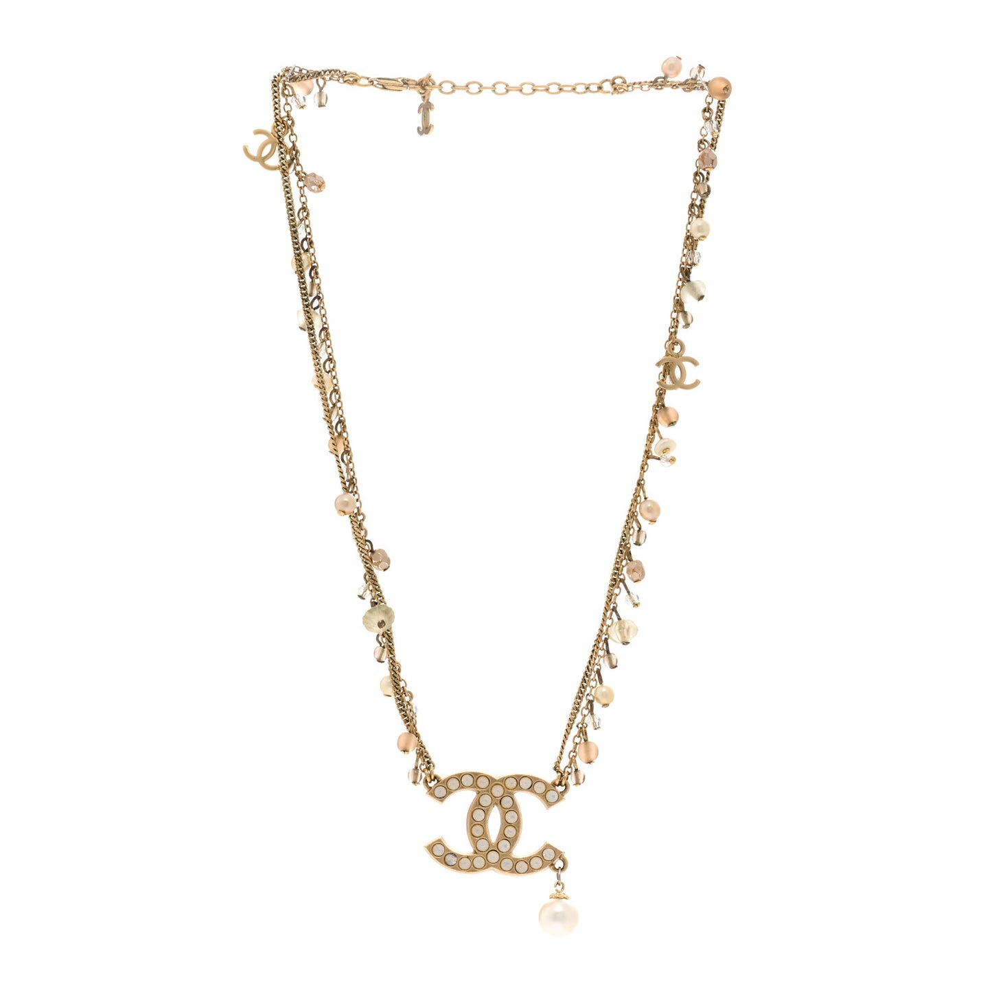 Pearl Crystal CC Double Chain Necklace Gold