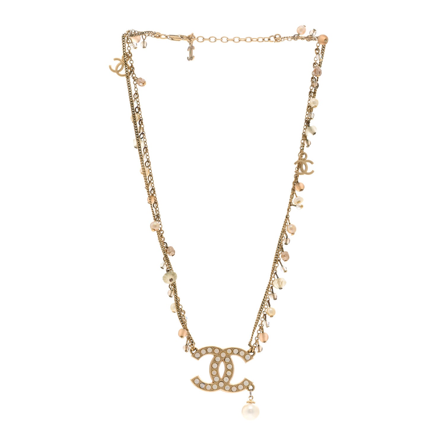 Chanel Pearl Crystal CC Double Chain Necklace Gold 3 of 5