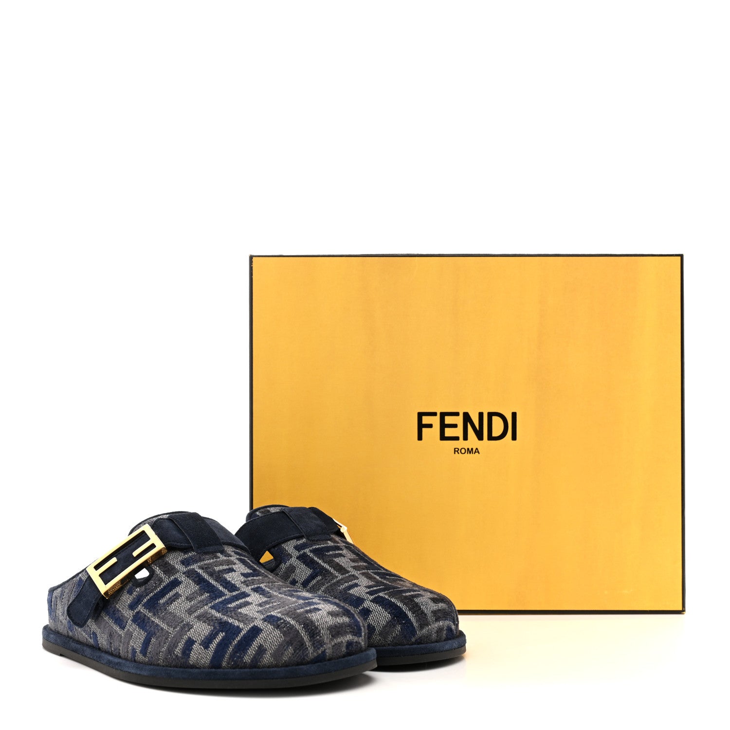 Fendi Velvet FF Fendi Feel Mules 38 Grigio Blue Midnight Blue