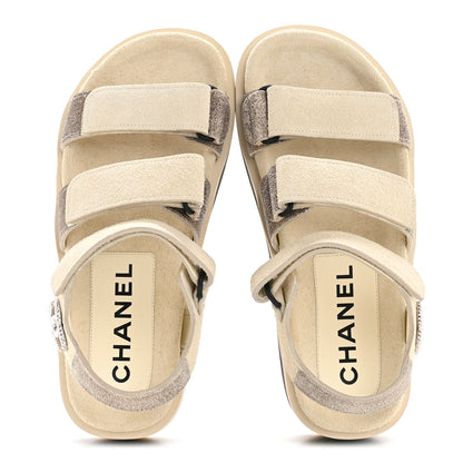 Chanel Suede Calfskin Velcro Flat Sandals 36 Ecru Dark Beige 4 of 20