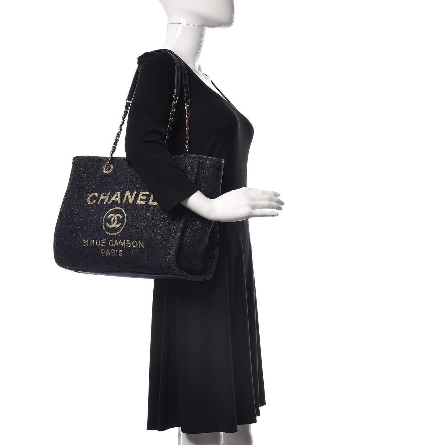 Lurex Canvas Small Deauville Tote Navy Blue Gold