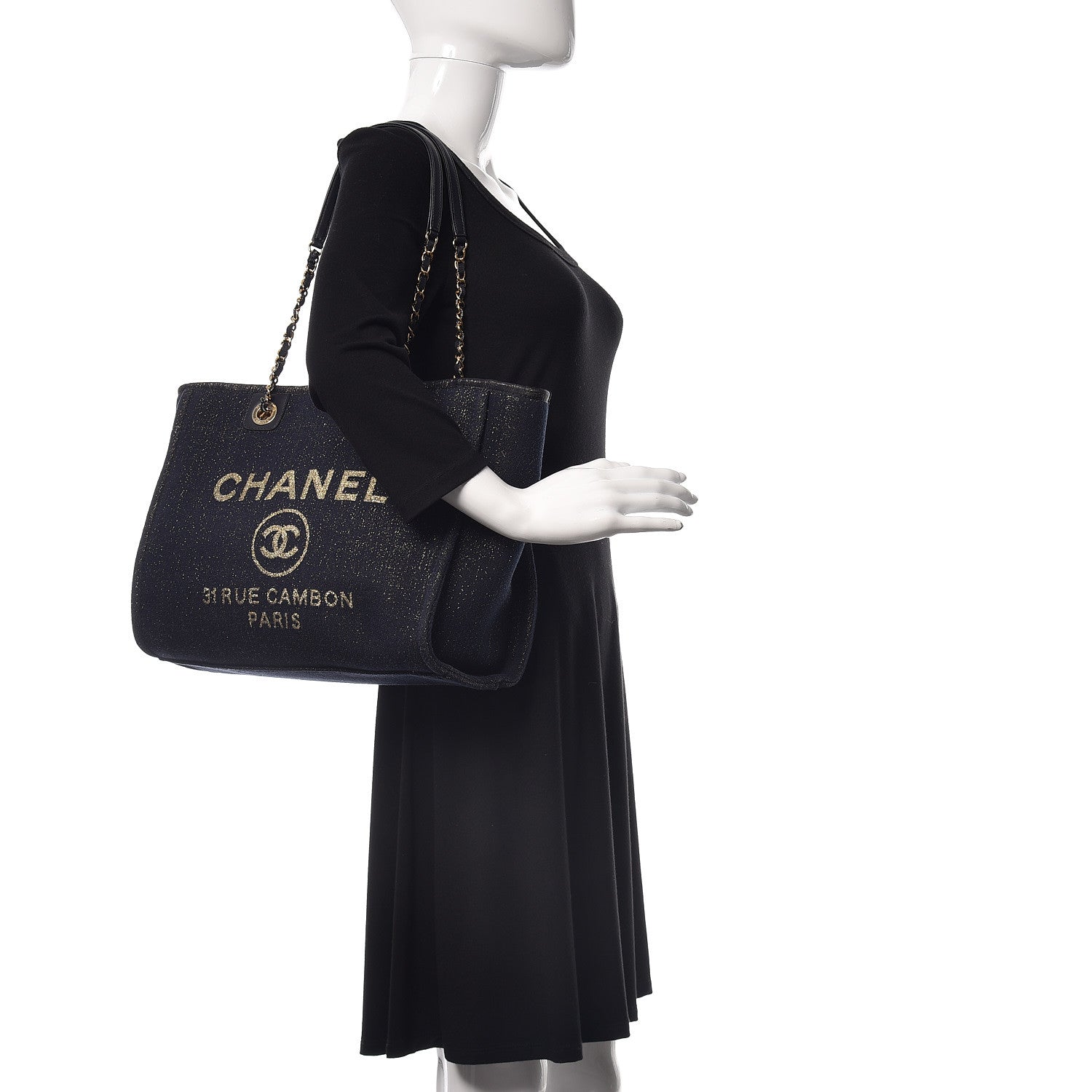 Chanel Lurex Canvas Small Deauville Tote Navy Blue Gold 2 of 10