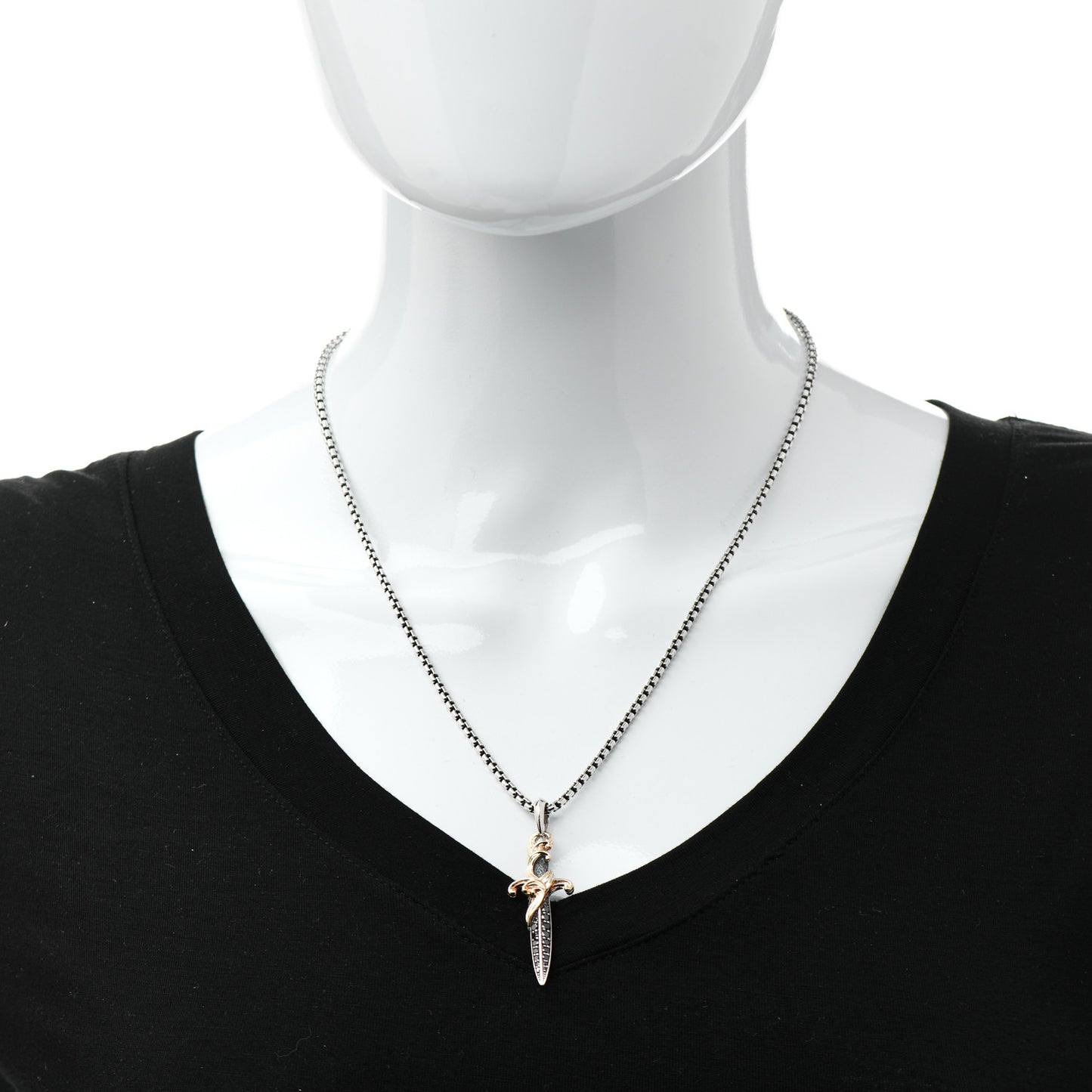 Sterling Silver 18K Yellow Gold Black Diamond Waves Dagger Amulet Pendant Necklace