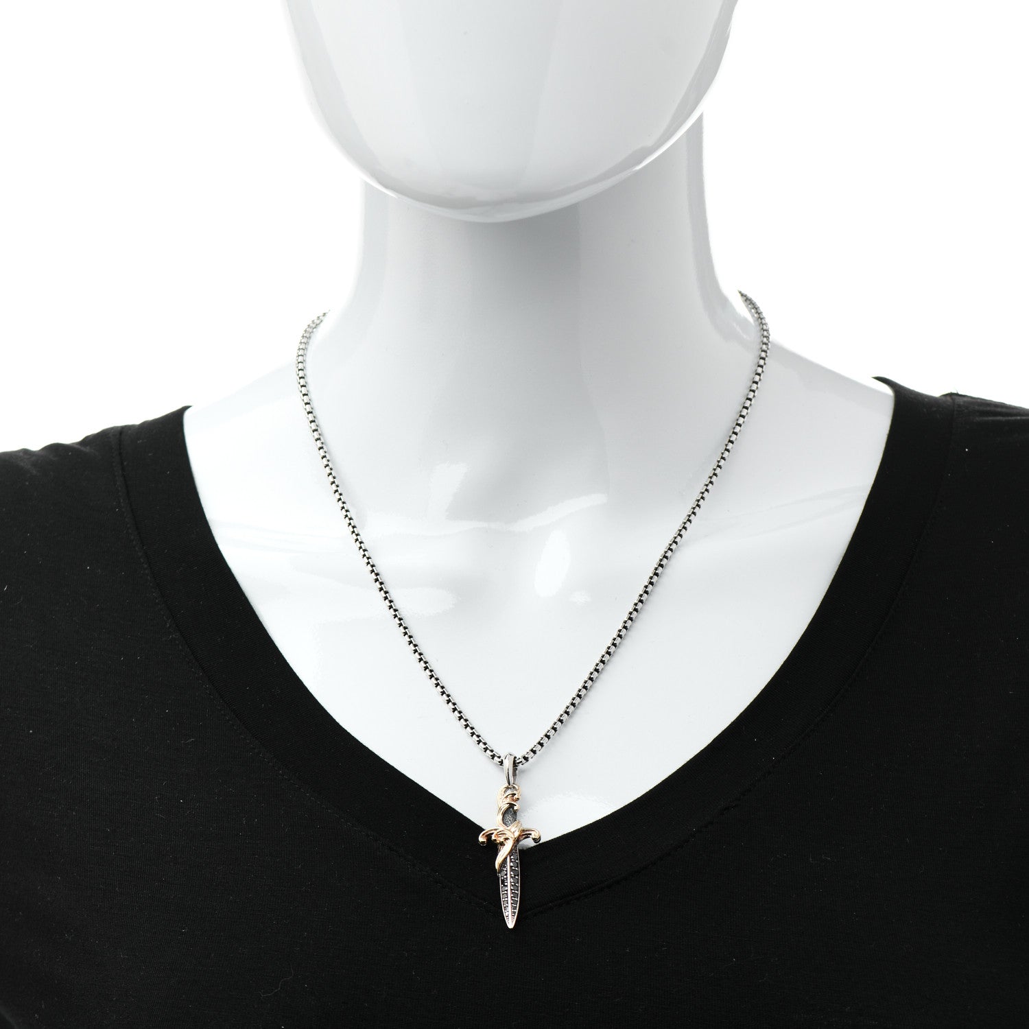 David Yurman Sterling Silver 18K Yellow Gold Black Diamond Waves Dagger Amulet Pendant Necklace 2 of 5