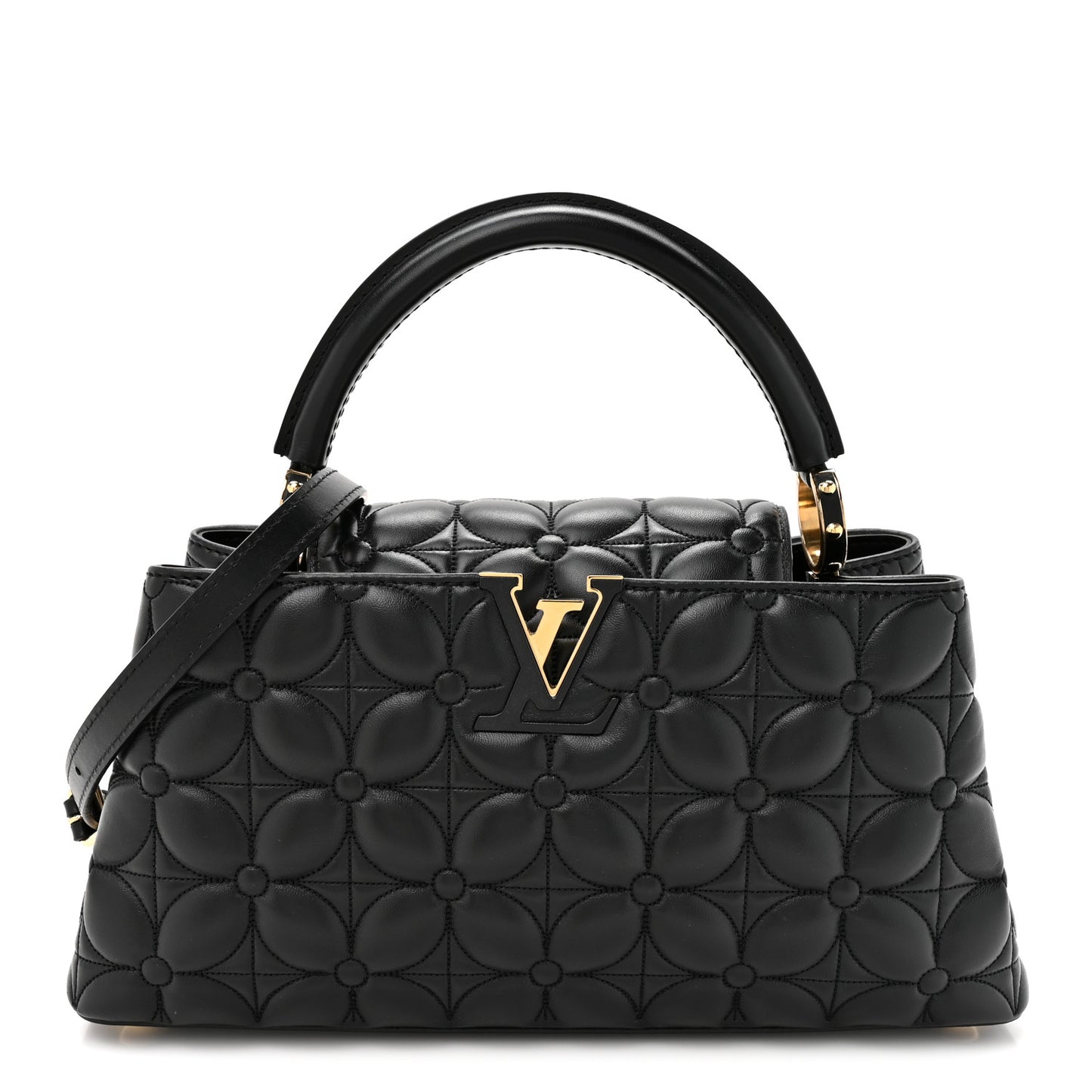 Lambskin Quilted Flower Capucines East West MM Black