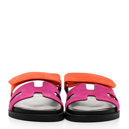 Hermes Suede Goatskin Womens Chypre Sandals 37.5 Rose Chapas Orange Synthetique 2 of 8