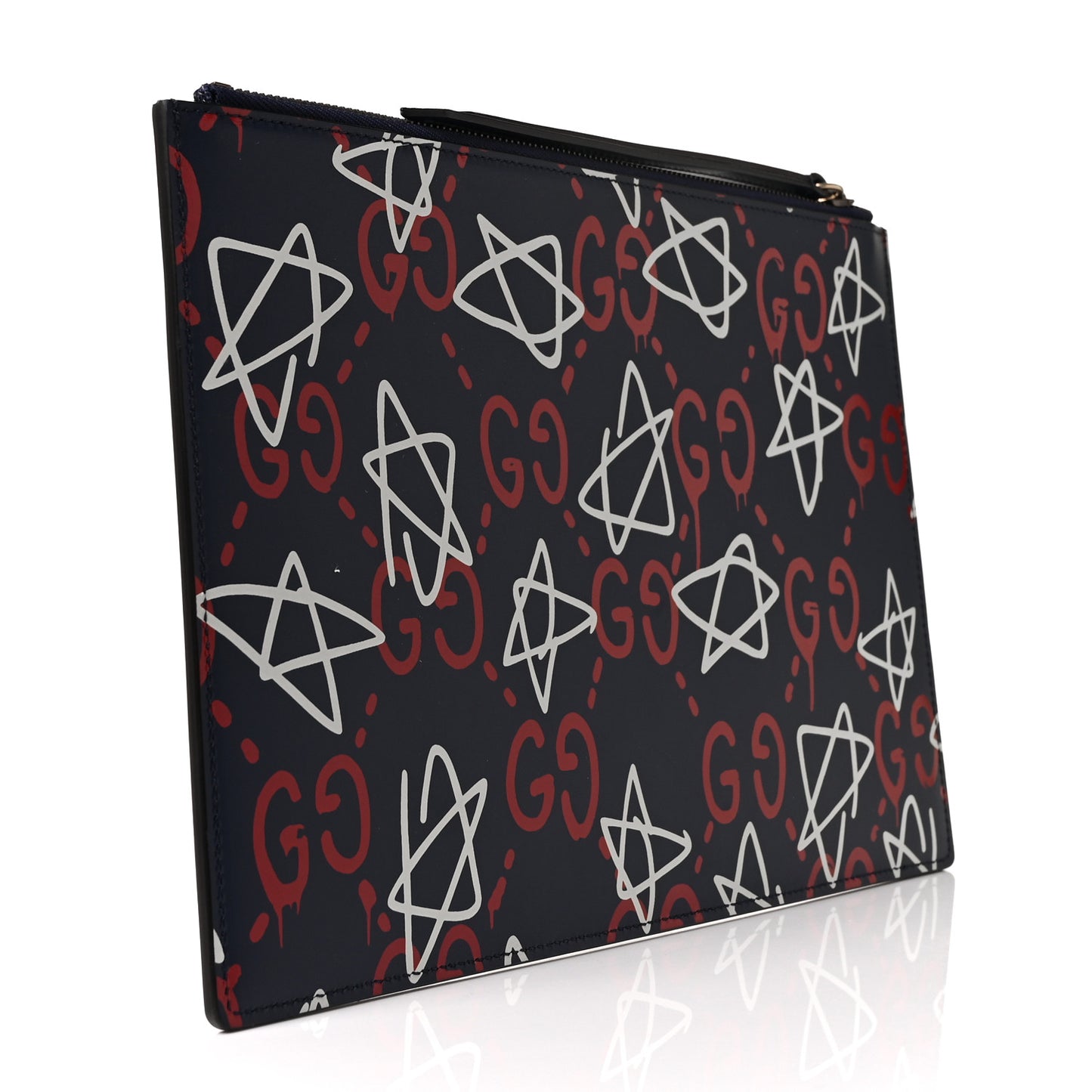 Calfskin GucciGhost Print Pouch Blue Agata Hibiscus Red