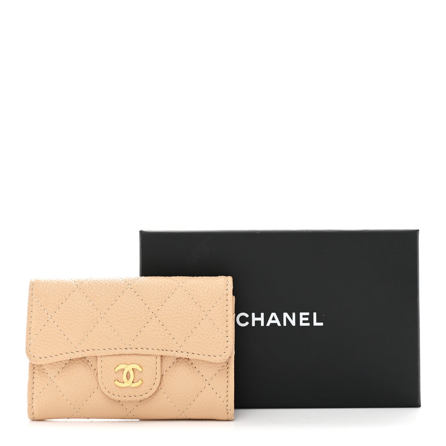 Caviar Quilted Flap Card Holder Wallet Beige