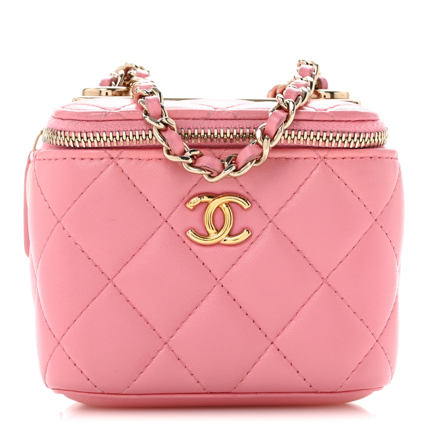 Lambskin Quilted Trendy Mini Vanity Case With Chain Pale Pink