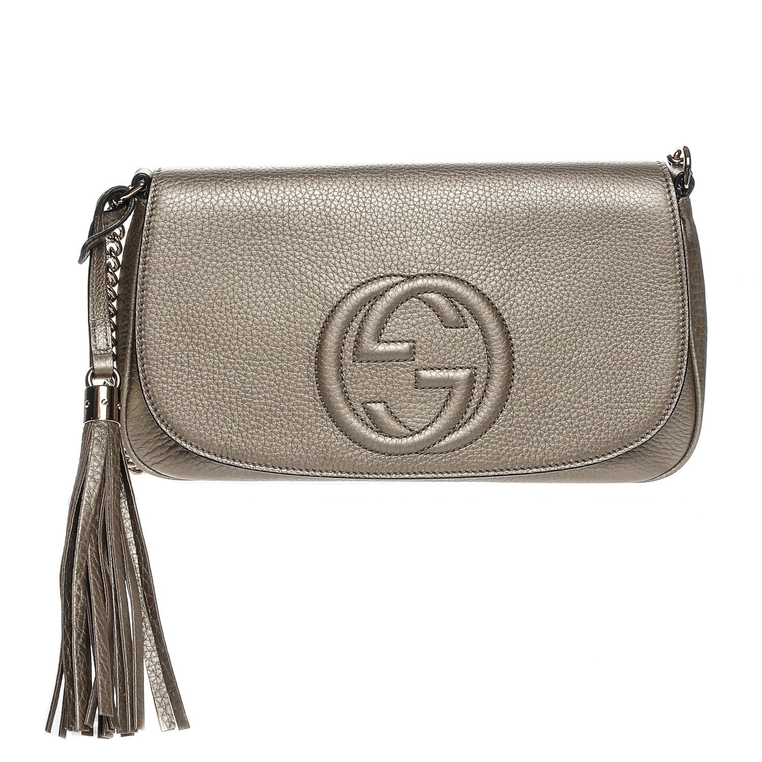 Gucci Metallic Pebbled Calfskin Medium Soho Flap Crossbody Golden Beige 1 of 7