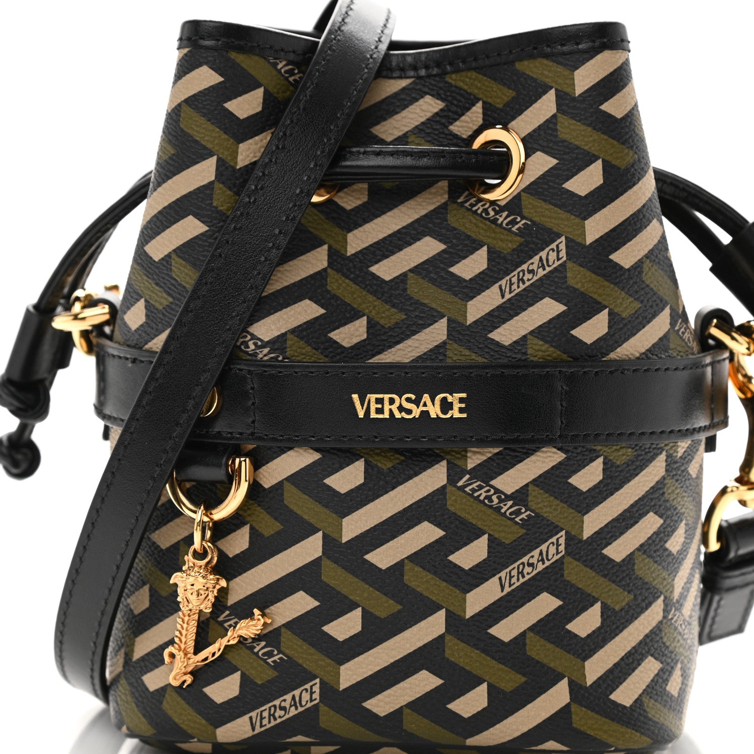 Versace Coated Canvas La Greca Mini Bucket Bag Black Green Beige 7 of 9