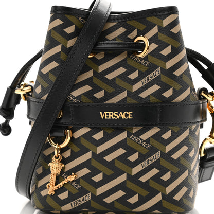 Versace Coated Canvas La Greca Mini Bucket Bag Black Green Beige 7 of 9