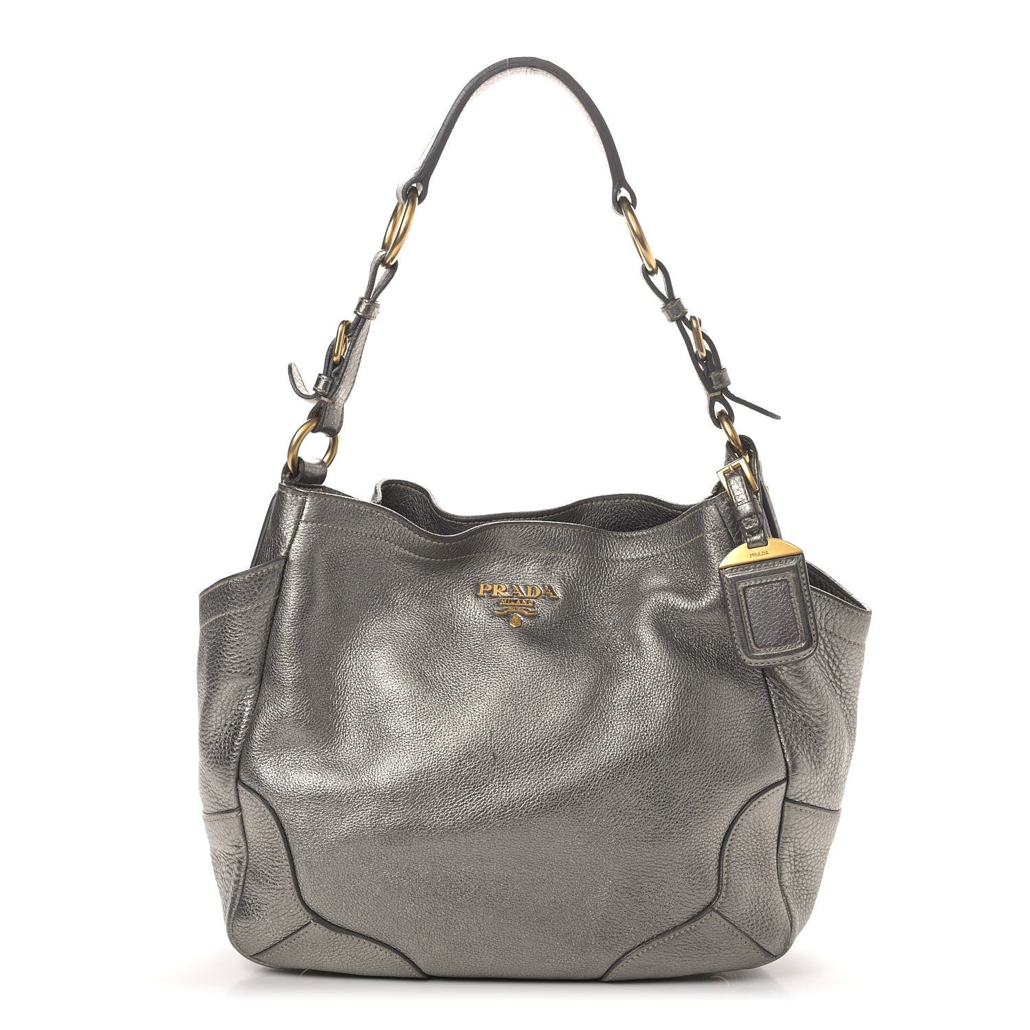 Prada Metallic Vitello Daino Side Pocket Tote Bag Acciaio 1 of 10