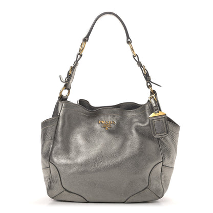 Prada Metallic Vitello Daino Side Pocket Tote Bag Acciaio 1 of 10